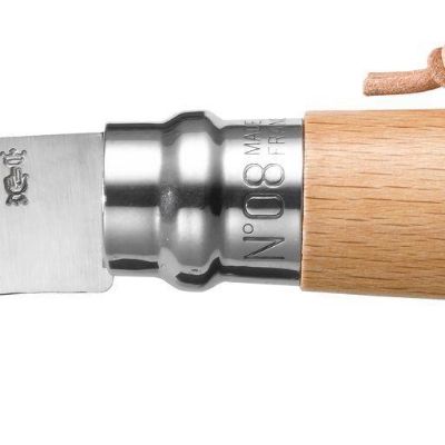 Opinel N°8 rostfritt stål 8,5 cm. m. Läderrem Bok